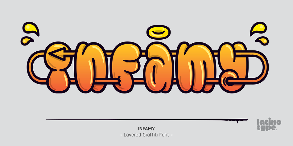 Infamy is a display typeface inspired by graffiti and street art, featuring the ‘bubble letter’ style of writing which was very popular among subway and suburban graffiti artists in the early days of American graffiti.