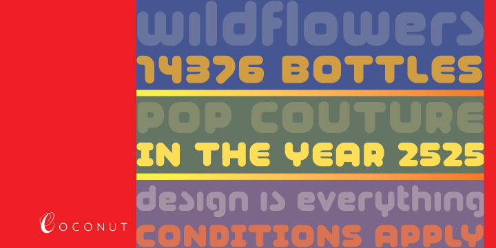Coconut is a round and heavy unicase font with the techno, squarish, grid-based squeeze that of late seems part of almost every contemporary pop designs.