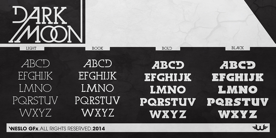 Displaying the beauty and characteristics of the Dark Moon Serif font family.