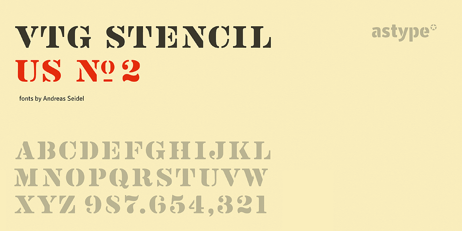 Displaying the beauty and characteristics of the Vtg Stencil US No2 font family.