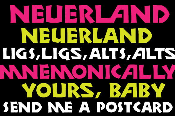 Neuerland is an attempt to update Rudolf Koch’s traditional hand-cut display typeface, adding ligatures and alternate characters inspired by the forms of Herb Lubalin and Tom Carnase’s Avant Garde.