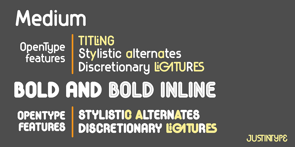 The medium weight has lower case for short texts, and the Bold versions have singular upper case glyphs, with some alternates (at least one alternate per letter – some with OpenType features some using caps on the keyboard).