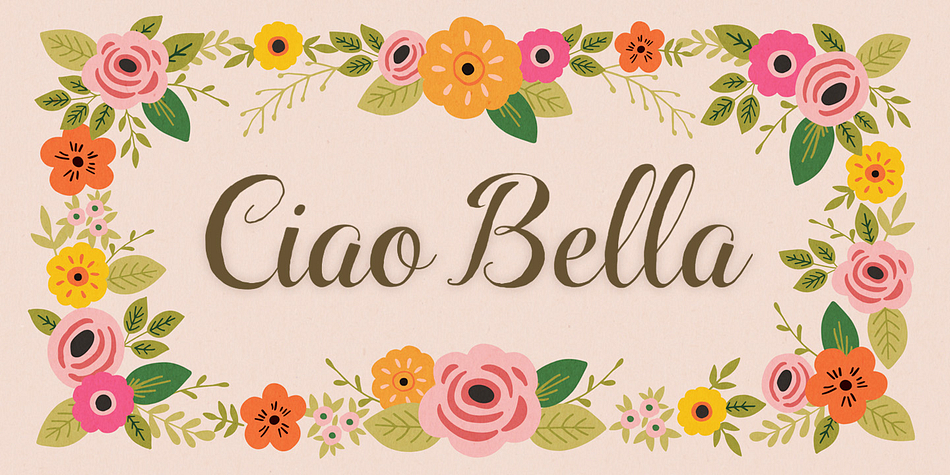 Cindy Kinash and Charles Gibbons’ Ciao Bella pairs the funky elegance of a hand-drawn copperplate script with four ornament fonts.