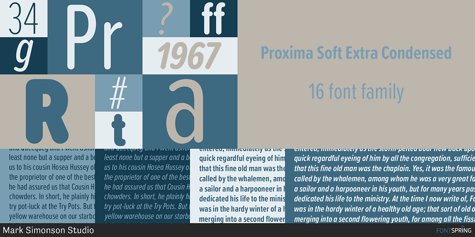 Proxima Soft Extra Condensed font family sample image.