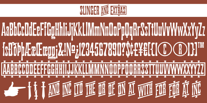 Slinger is a tribute to eighteenth century and nineteenth century wood type, inspired by the following passage from a Dime Western:

Rosalinda gave a low scream of horror as she saw the Rio Kid and her cousin knee rein their mounts out of the line and rake their flanks with rowels, galloping off up the grade in a cloud of alkali dust until a bend of the road hid them from the sheriff