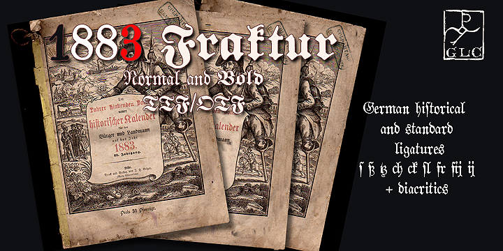 Displaying the beauty and characteristics of the 1883 Fraktur font family.