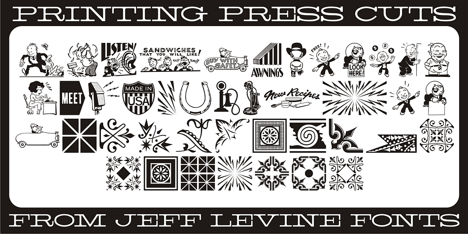 Printing Press Cuts JNL gathers vintage cartoons, sales helpers and decorative ornaments into one handy collection for embellishing any retro-oriented project.
