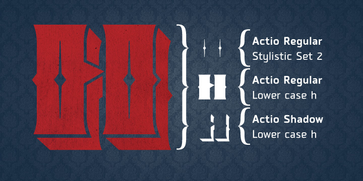 Actio have numerous alternatives, some decorative elements and 4 Stylistic Sets for characters decorative elements.