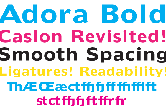 Adora is a revival of Tracy’s design, but with more attention paid to spacing and kerning for smooth text setting.