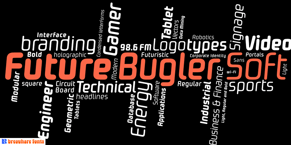 Future Bugler Soft is a soft version of Future Bugler, a font based on the second logo created by Harry Warren in early 1975 for his sixth grade class newsletter, The Broadwater Bugler, at Broadwater Academy in Exmore, Virginia, on Virginia’s Eastern Shore.