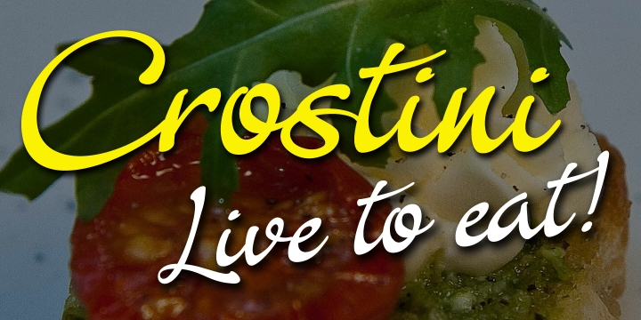 Crostini was designed as a fun-filled, vigorous brush script, originally intended for restaurant logos and menus.