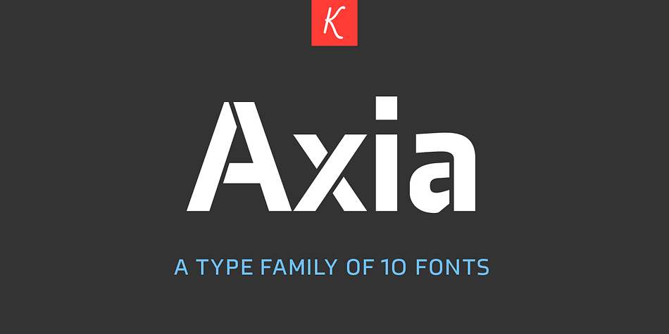 Axia™ is a sans serif uni-widths of concise letter forms. The type consists of ten weights from Light to Black, each with Italics and Small Caps.