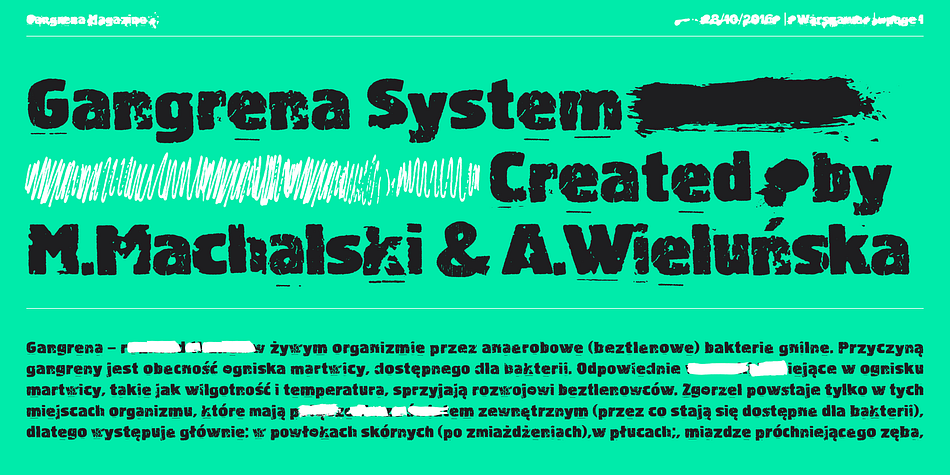 Ga​ngrena is a display font family, based on a old lettersets and style of UK punk posters from 80