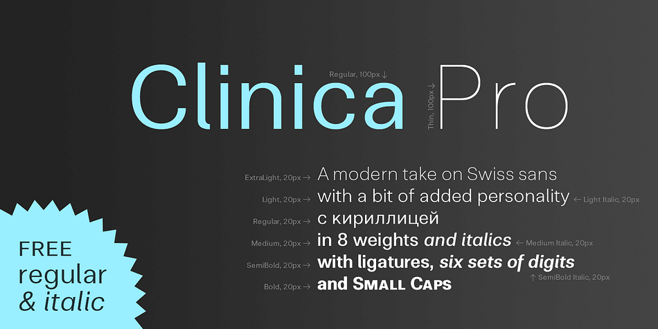 Clinica Pro is a modern take on Swiss grotesque, with a little bit of an added personality.