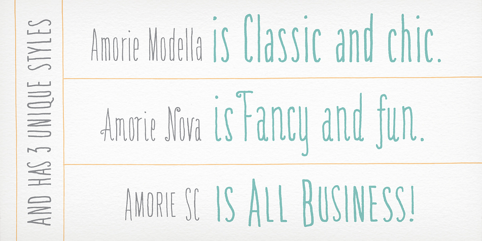 Built to appear completely hand crafted, different designers could produce completely different results, selecting either Modella (classic and chic), Nova (fun and fancy) or SC (Small Caps and all business.) Each style comes in light, medium and bold and has an accompanying italics version.