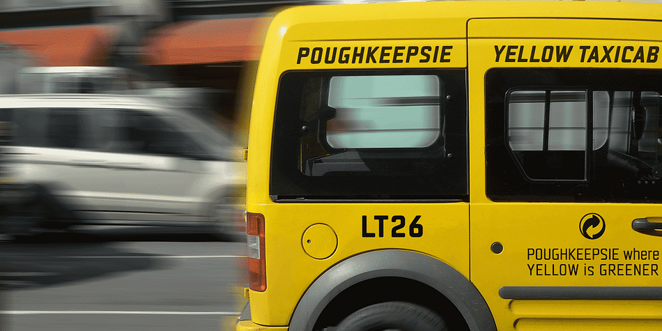 Taxicab is a full typeface inspired by the soft, rounded capitals and numerals used for medallion numbers on yellow taxis in New York and the pressed metal license plate lettering used on vehicles around the world.