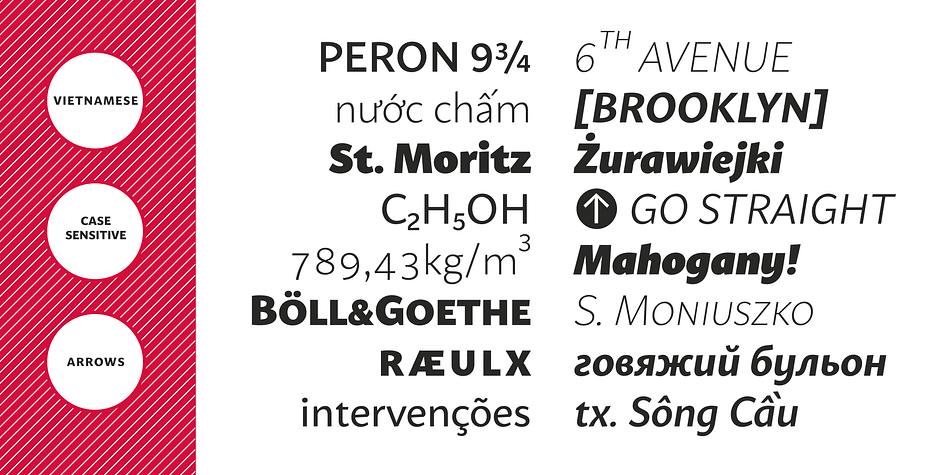 Every font contains an extended set of Cyrillic characters including special, local glyphs for Bulgarian, Macedonian and Serbian.