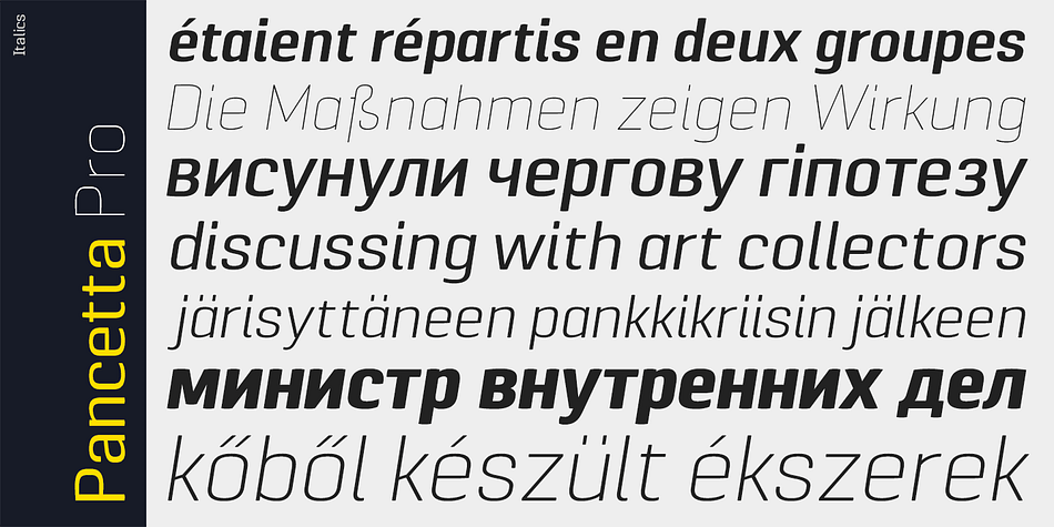 Displaying the beauty and characteristics of the Pancetta Pro font family.