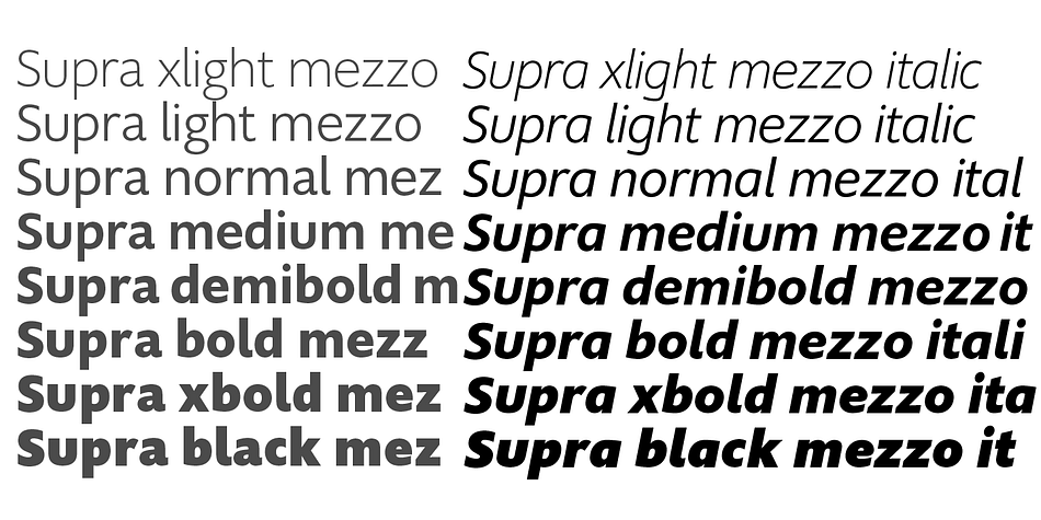 Ligatures, different figures, fractions, currency symbols and smallcaps can be found in all cuts.