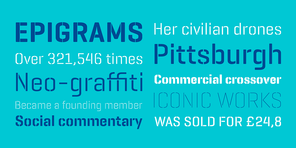 Geogrotesque Stencil is a member of the popular Geogrotesque family, and despite being thought as a display typeface, it goes one step further and tries to solve some of the typical problems with stencils fonts.