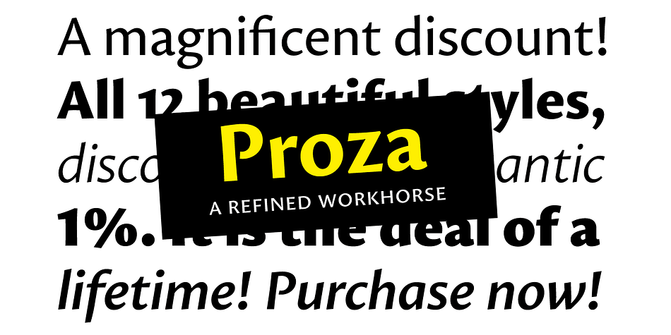 Proza is a humanist sans serif typefamily, consisting of 12 styles (6 weights + italics), with roots in serif designs from the Renaissance, such as Garamond and Jenson.
