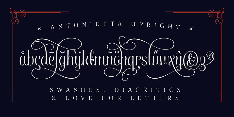 The font comes in the following variants: Antonietta Script, Antonietta Caps, Antonietta Caps Illuminated, Antonietta Caps Shadow, Antonietta Caps Inline and Antonietta Ornaments.