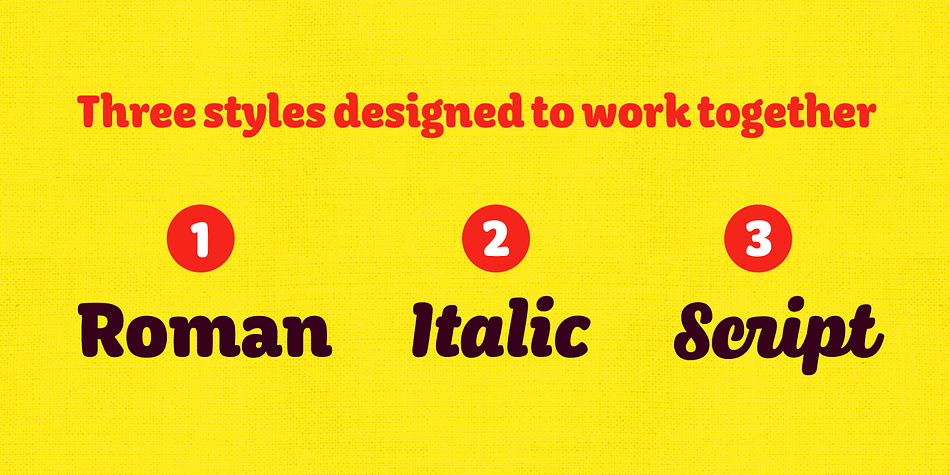 The family consists of three styles; Roman, Italic and Script, which are designed to be combined together.
