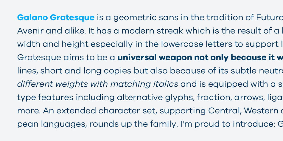 It has a modern streak which is the result of a harmonization of width and height especially in the lowercase letters to support legibility.