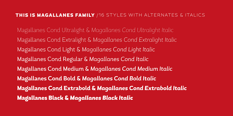 Displaying the beauty and characteristics of the Magallanes Cond font family.