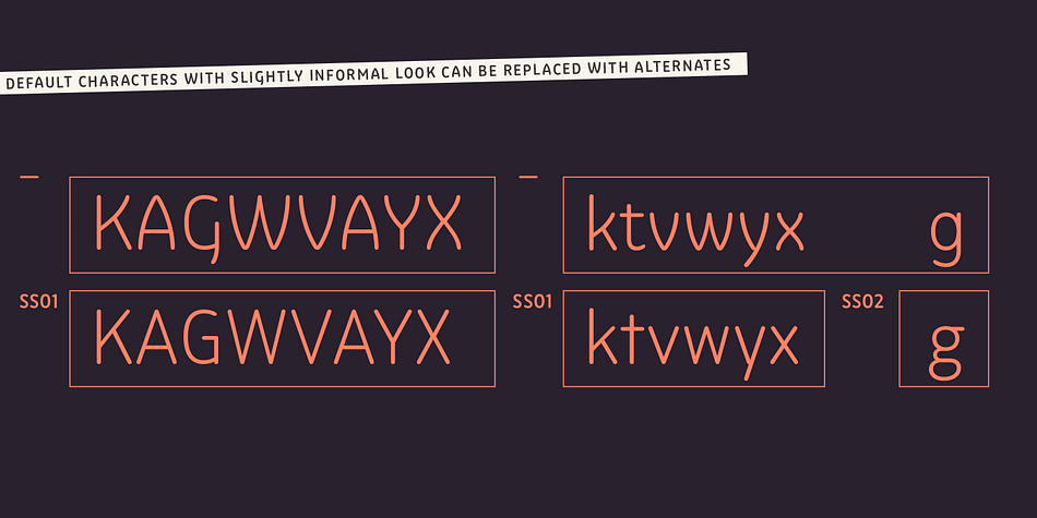 Aside from its terminals, other soft features in the design include a beard on bottom-right of the capital ‘G’, and arched diagonals on ‘A’ ‘K’ ‘V’ ‘W’ ‘X’ ‘Y’ ‘k’ ‘v’ ‘w’ ‘x’ ‘y’ ‘4’ and ‘7’.