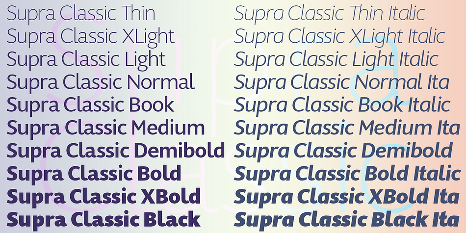 »SupraClassic« is an OpenType family for distinctive professional typography with an extended character set of over 700 glyphs and extensive kerning.