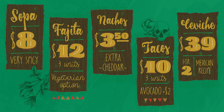 This proud, intense and diverse identity was the inspiration behind La Taqueria, a set of four fonts that express different characteristics of Mexican pop culture.