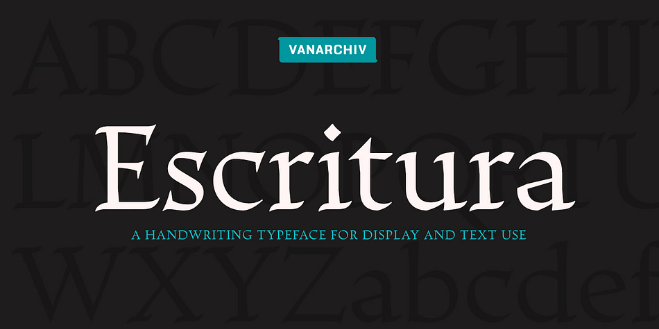 Escritura was created for editorial purposes and the letter forms are influenced by chancery handwriting from the Italian Renaissance.