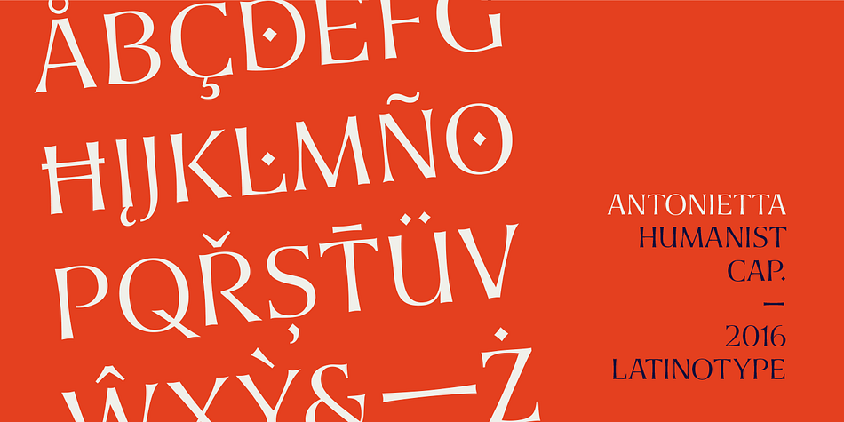 Antonietta is based on the Copperplate style and inspired by the works of, among others, Hermann Zapf, Ricardo Rousselot and Herb Lubalin.