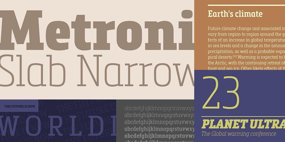 Metronic Slab Narrow is the condensed version of the Metronic Slab font family.