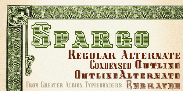 Spargo is inspired by 20s and 30s American typefaces, often seen on share certificates and other securities.