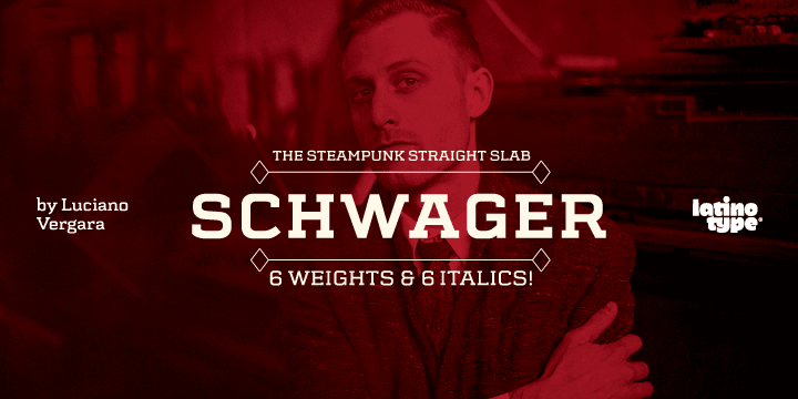 Schwager is a steampunk slab serif typeface with an industrial accent in a contemporary tone.