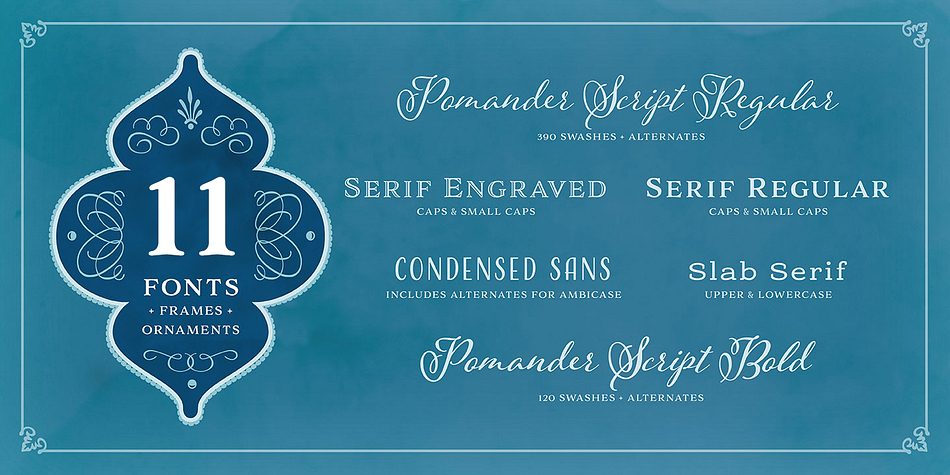 Adorn Smooth revisits 6 faces from Adorn — Pomander, Serif, Slab Serif, Engraved, Condensed, and script Catchwords; plus ornaments, banners, and frames — in smooth, un-textured versions.