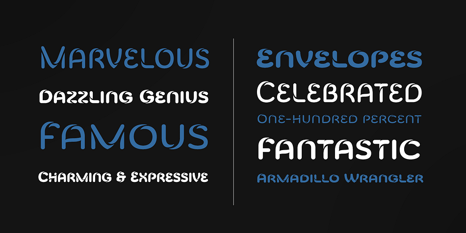 The negative space cuts through the rounded sans serif letterforms of Celari, giving this all-caps typeface a strong impression of dimension and speed.