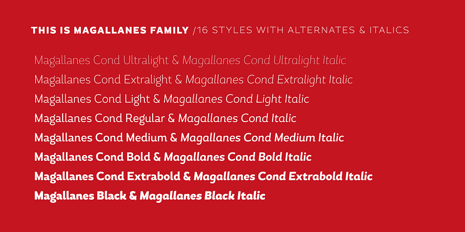 Displaying the beauty and characteristics of the Magallanes Cond font family.