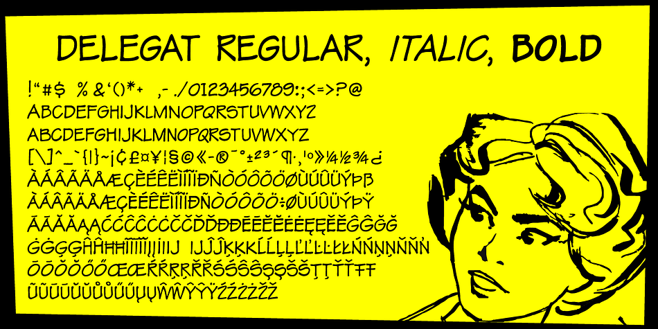 Delegat is a comic book lettering font inspired by handwritting of Frank Ching.