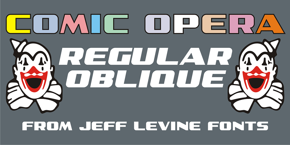 Comic Opera JNL (and its oblique version) is a wide, bold sans serif type design with an Art Deco influence based on a 1930s namesake poster from the WPA (Works Progress Administration) advertising a performance put on by the Federal Music Project.