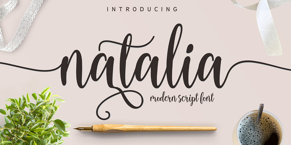 Natalia Script is a modern calligraphy font, with characters dance along the baseline and elegant touch.