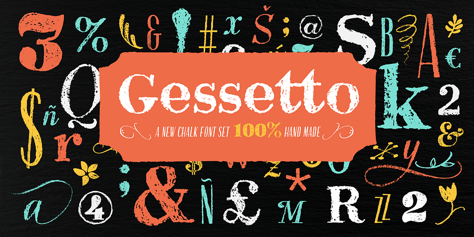 Gessetto is a chalk font family, containing script, sans, roman, figures and ornaments.
