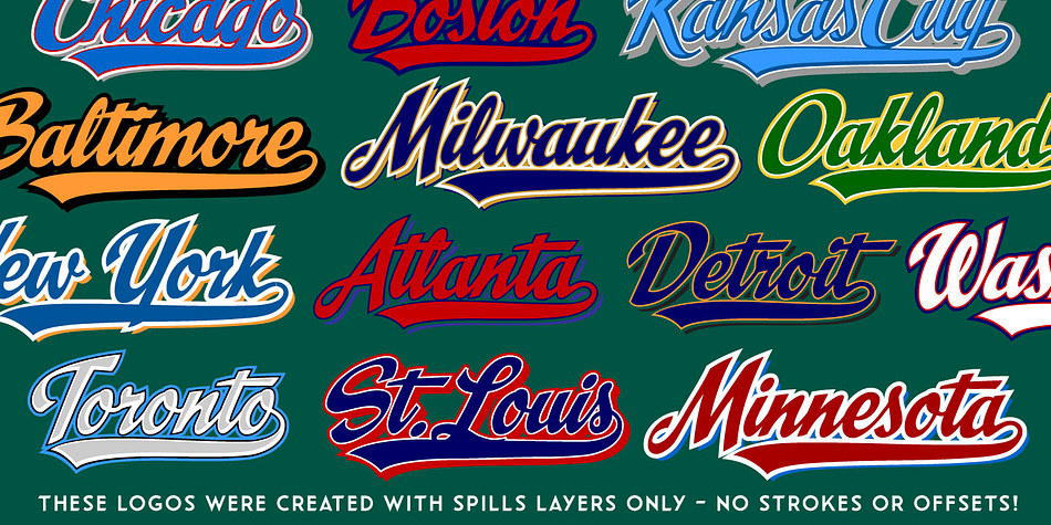 Six fonts (Base, Dugout, Infield, Outfield, Pennant and Stadium) with automatic Opentype tail ligatures.