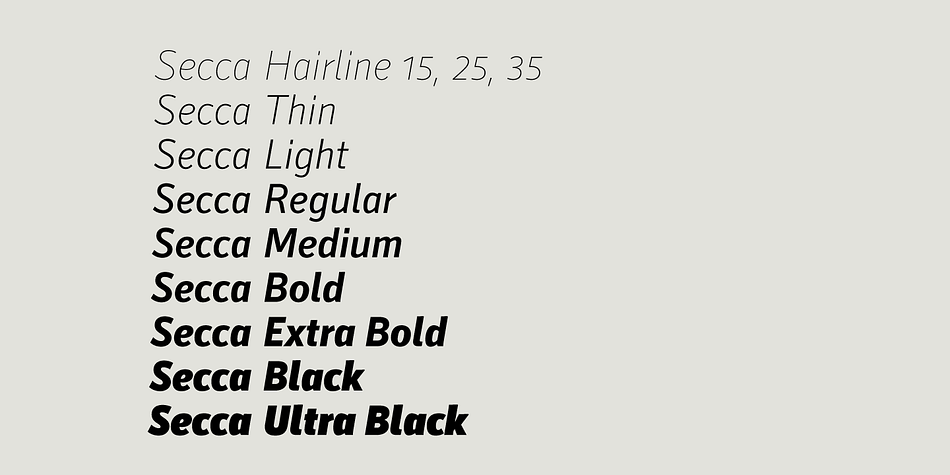 The core family comes in 9 weights from Thin to Ultra Black – plus another three Hairline weights – each with italics, small caps and italic small caps.