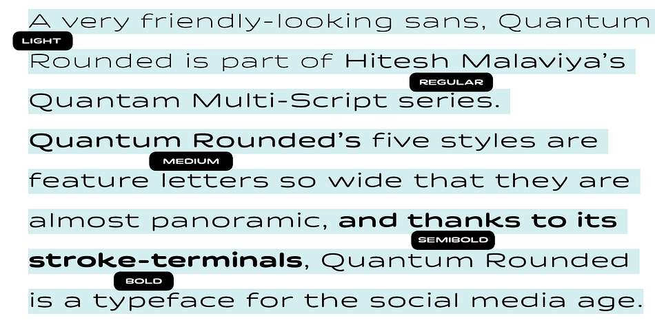 Quantum Rounded’s five styles are feature letters so wide that they are almost panoramic, and thanks to its stroke-terminals, Quantum Rounded is a typeface for the social media age.