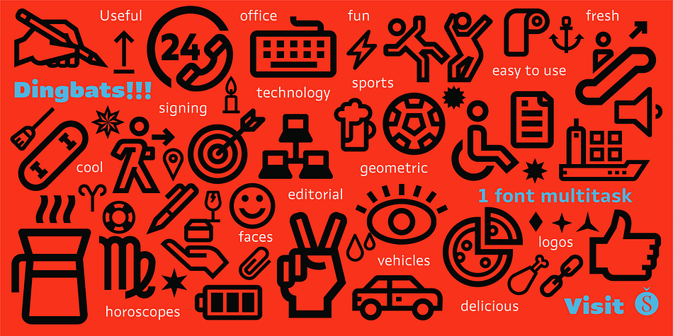 The dingbats font includes 303 signs and is a set of icons and symbols that can be used in multiple environments, both for print and digital media.