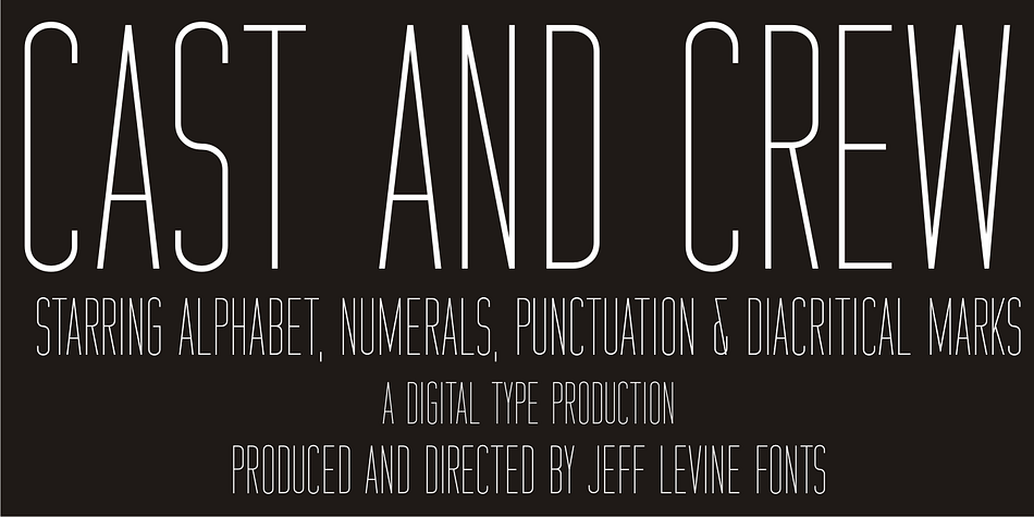 Cast and Crew JNL is a condensed monoline font that lends itself well to any text project where more copy needs to fit into a limited space.