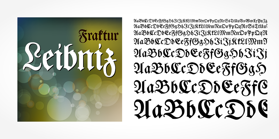 "Leibniz Fraktur Pro" is a classic blackletter font of its epoch which inspires you to create vintage-looking designs with ease.